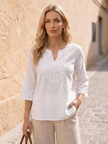 EMERY ROSE Fall Women Clothes Women's Solid Color V-Neck Long Sleeve Simple Casual Blouse, Three Quarter Sleeve Tops - White - View 1