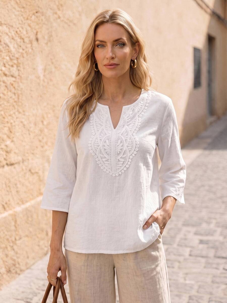 EMERY ROSE Fall Women Clothes Women's Solid Color V-Neck Long Sleeve Simple Casual Blouse, Three Quarter Sleeve Tops - White - View 1
