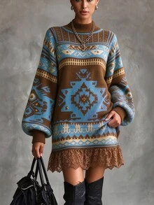 LanaWest Contrast Lace Hem Geometric Pattern Knit Dress For Daily, Vacation, Casual, Commute And Date Wear - Coffee Brown - View 3