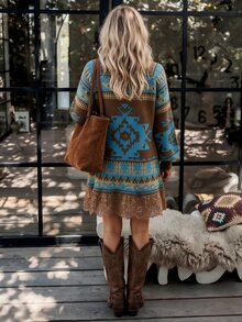 LanaWest Contrast Lace Hem Geometric Pattern Knit Dress For Daily, Vacation, Casual, Commute And Date Wear - Coffee Brown - View 2