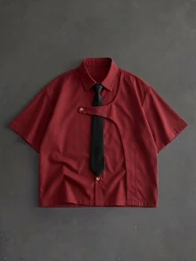 ROMWE MEN Men's Casual Versatile Daily Wear Short Sleeve Shirt - Burgundy - View 1