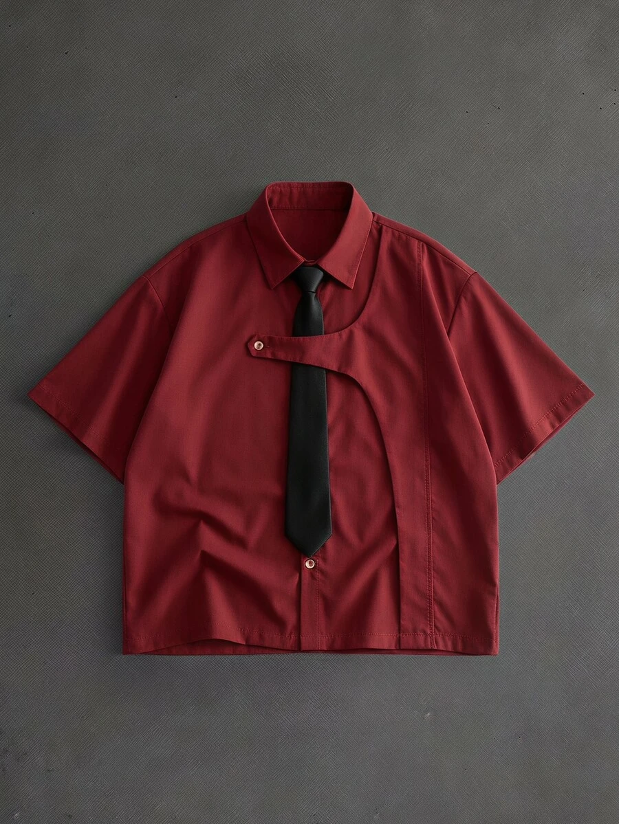 ROMWE MEN Men's Casual Versatile Daily Wear Short Sleeve Shirt - Burgundy - View 1