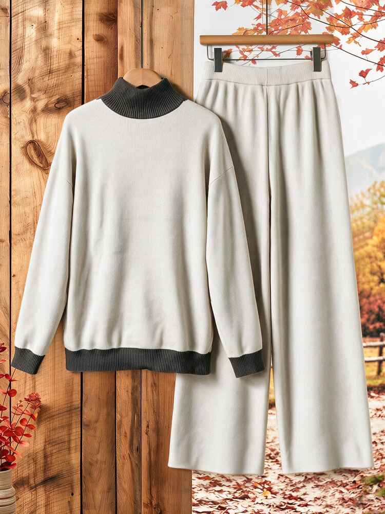 Rusticease Setup Autumn Winter Casual Women's 2pcs Set Zipper Button Long Sleeve Two-Tone Sweater Straight Leg Pants Everyday Homewear Beige - Multicolor - View 2