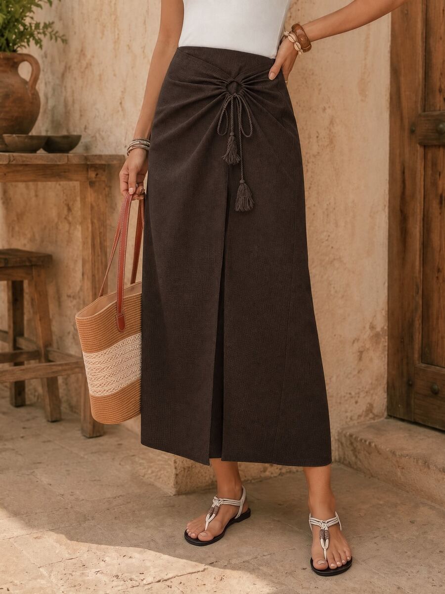 EMERY ROSE Women's Solid Color Wrap Skirt For Vacation And Casual Boho Wear Vacation Dark Brown Summer Vacation Daily Beach Picnic Brunch - Brown - View 1