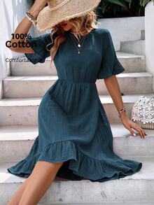 EMERY ROSE 1pc Flounce Sleeve Ruffle Hem Dress - Teal Blue - View 7