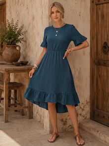 EMERY ROSE 1pc Flounce Sleeve Ruffle Hem Dress - Teal Blue - View 1