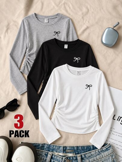 Tween Girls Fall Tops Fall 3 Pack Long Sleeve T-Shirt Bow Graphic Slim Fit Side Ruched Tee Top Casual Rib Knit Solid Basic Blouse Set