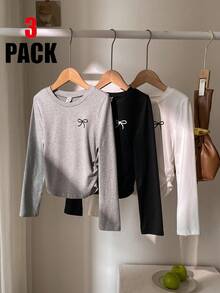 SHEIN Sparklyn Tween Girls Fall Tops Fall 3 Pack Long Sleeve T-Shirt Bow Graphic Slim Fit Side Ruched Tee Top Casual Rib Knit Solid Basic Blouse Set - Black and White - View 4
