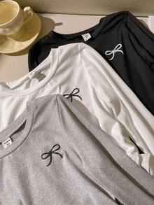 SHEIN Sparklyn Tween Girls Fall Tops Fall 3 Pack Long Sleeve T-Shirt Bow Graphic Slim Fit Side Ruched Tee Top Casual Rib Knit Solid Basic Blouse Set - Black and White - View 5