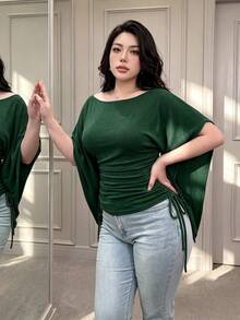 Vibekara Plus Size Knitted Elastic Asymmetrical Shoulder Drawstring Tie Ruched Waist Top T-Shirt - Dark Green - View 5