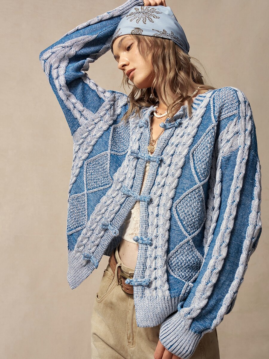 Bohemela Fall/Winter,Women's Blue Embroidered Fuzzy Vacation Knit Washed Cardigan,Vintage Twist Special Dye Technique,Frog Toggle Button New Chinese Style - Blue and White - View 1