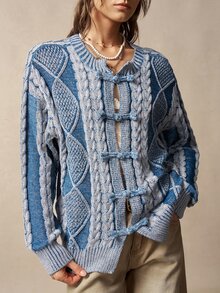Bohemela Fall/Winter,Women's Blue Embroidered Fuzzy Vacation Knit Washed Cardigan,Vintage Twist Special Dye Technique,Frog Toggle Button New Chinese Style - Blue and White - View 7