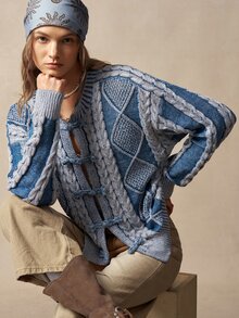 Bohemela Fall/Winter,Women's Blue Embroidered Fuzzy Vacation Knit Washed Cardigan,Vintage Twist Special Dye Technique,Frog Toggle Button New Chinese Style - Blue and White - View 5