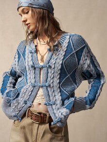 Bohemela Fall/Winter,Women's Blue Embroidered Fuzzy Vacation Knit Washed Cardigan,Vintage Twist Special Dye Technique,Frog Toggle Button New Chinese Style - Blue and White - View 2