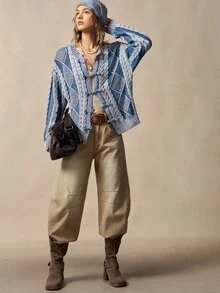 Bohemela Fall/Winter,Women's Blue Embroidered Fuzzy Vacation Knit Washed Cardigan,Vintage Twist Special Dye Technique,Frog Toggle Button New Chinese Style - Blue and White - View 4