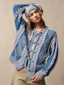 Bohemela Fall/Winter,Women's Blue Embroidered Fuzzy Vacation Knit Washed Cardigan,Vintage Twist Special Dye Technique,Frog Toggle Button New Chinese Style - Blue and White - View 6