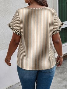 Weeklong Plus Size Women's Casual Elegant Vacation Round Neck Striped Contrast Leopard Print Petal Sleeve Shirt, Spring/Summer Office Formal Formal White Chic - Multicolor - View 2