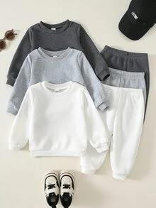 SHEIN 男女嬰兒/幼兒 3套組 秋冬保暖內裡加厚休閒時尚賽車圖案運動衫套裝 多件式 嬰兒冬季服飾 街頭風 運動套裝 - 黑與白 - 查看 2