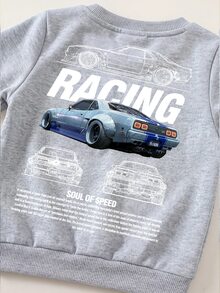 SHEIN 男女嬰兒/幼兒 3套組 秋冬保暖內裡加厚休閒時尚賽車圖案運動衫套裝 多件式 嬰兒冬季服飾 街頭風 運動套裝 - 黑與白 - 查看 5