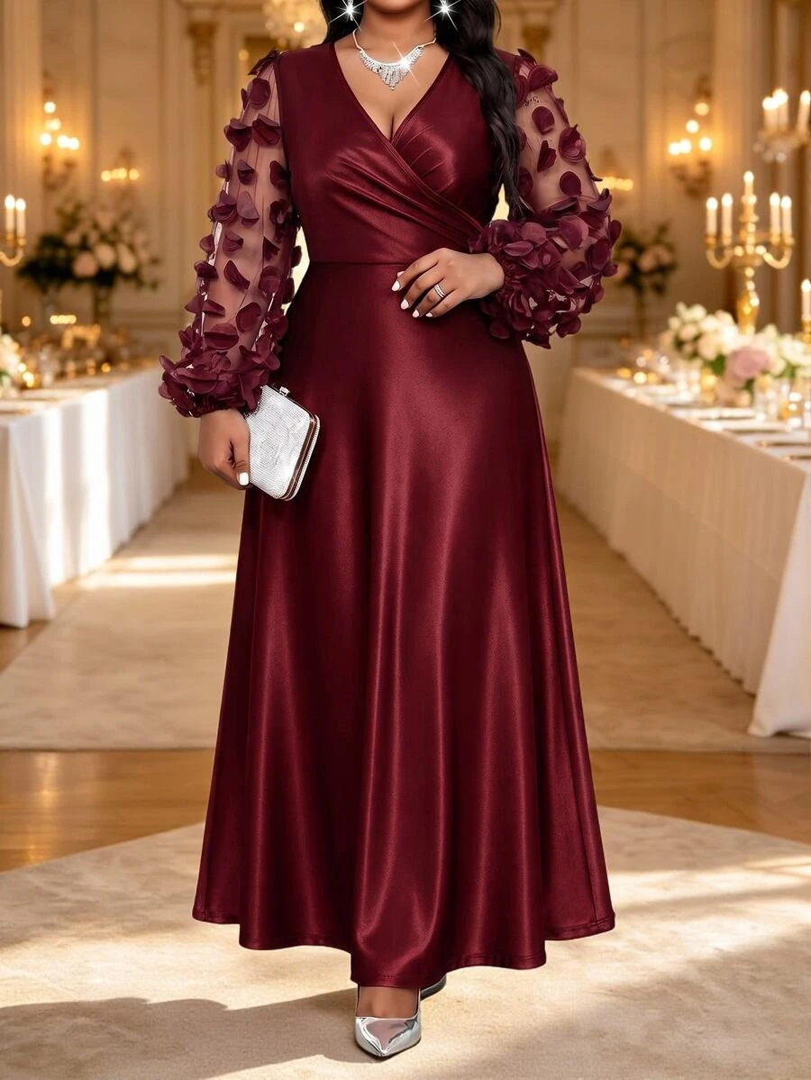 Fleurora Women's Plus Size Bishop Sleeve Dress - Burgundy - View 1
