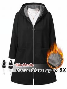 SHEIN CURVE+ Mantel Wanita Ukuran Besar Kasual Warna Polos dengan Dua Saku dan Tudung, Musim Gugur & Musim Dingin - Hitam - View 1