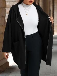 SHEIN CURVE+ Mantel Wanita Ukuran Besar Kasual Warna Polos dengan Dua Saku dan Tudung, Musim Gugur & Musim Dingin - Hitam - View 8