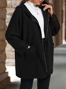 SHEIN CURVE+ Mantel Wanita Ukuran Besar Kasual Warna Polos dengan Dua Saku dan Tudung, Musim Gugur & Musim Dingin - Hitam - View 5