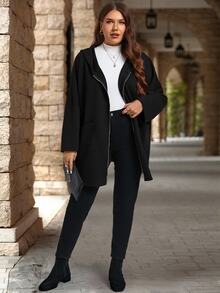 SHEIN CURVE+ Mantel Wanita Ukuran Besar Kasual Warna Polos dengan Dua Saku dan Tudung, Musim Gugur & Musim Dingin - Hitam - View 6