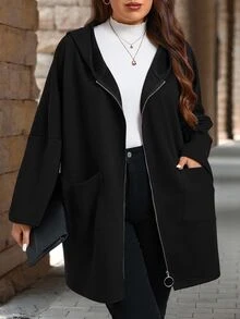 SHEIN CURVE+ Mantel Wanita Ukuran Besar Kasual Warna Polos dengan Dua Saku dan Tudung, Musim Gugur & Musim Dingin - Hitam - View 3