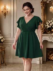 Rometta Vestido envolvente con mangas de mariposa talla grande - Verde Oscuro - Ver 1