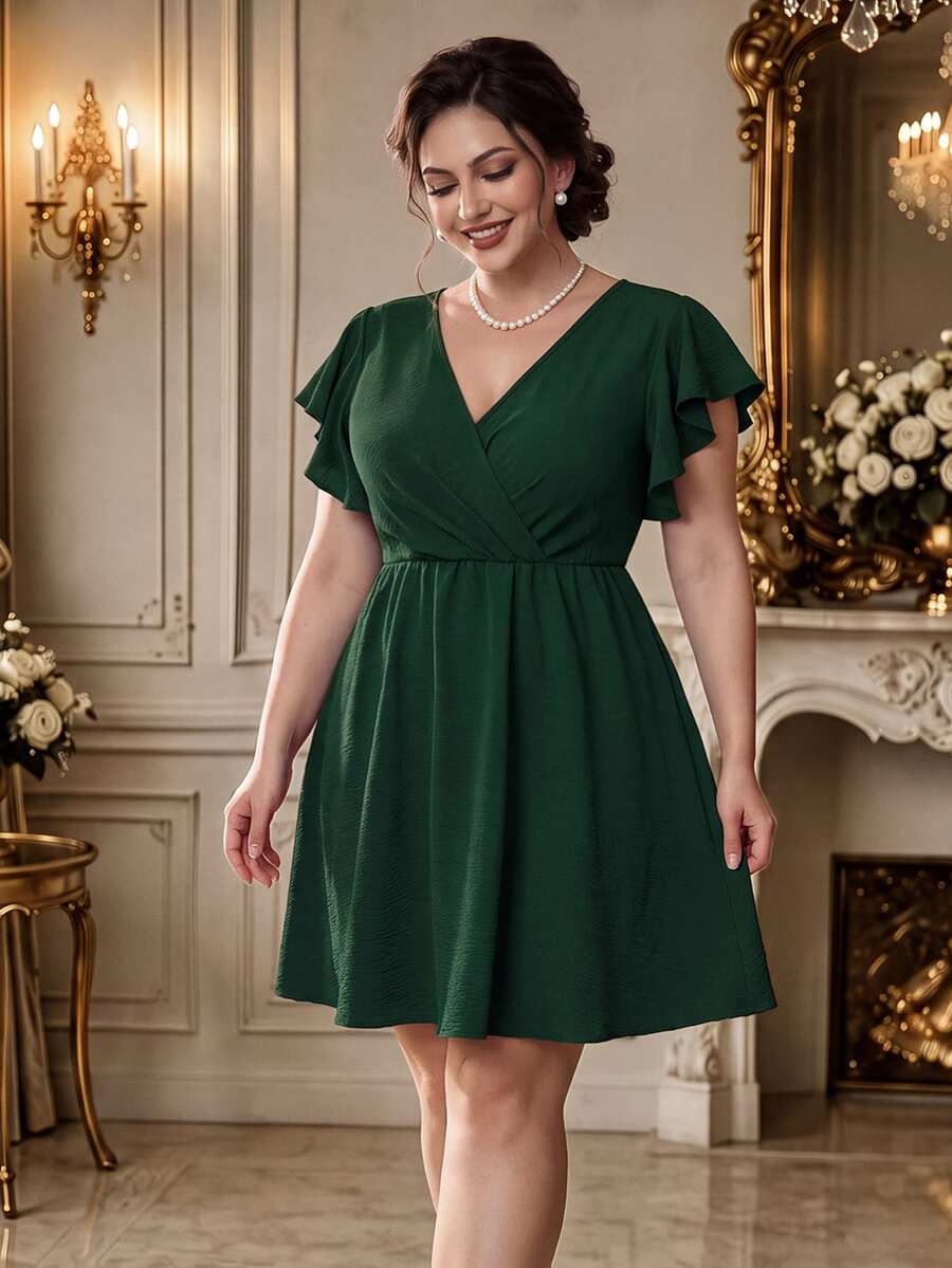 Rometta Vestido envolvente con mangas de mariposa talla grande - Verde Oscuro - Ver 1