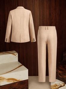 HIMLAND Men's Solid Beige Two Pieces Suit (Single-Breasted Blazer And Straight-Leg Trousers) Relaxed Fit Halloween Winter Party Autumn - Beige - View 3