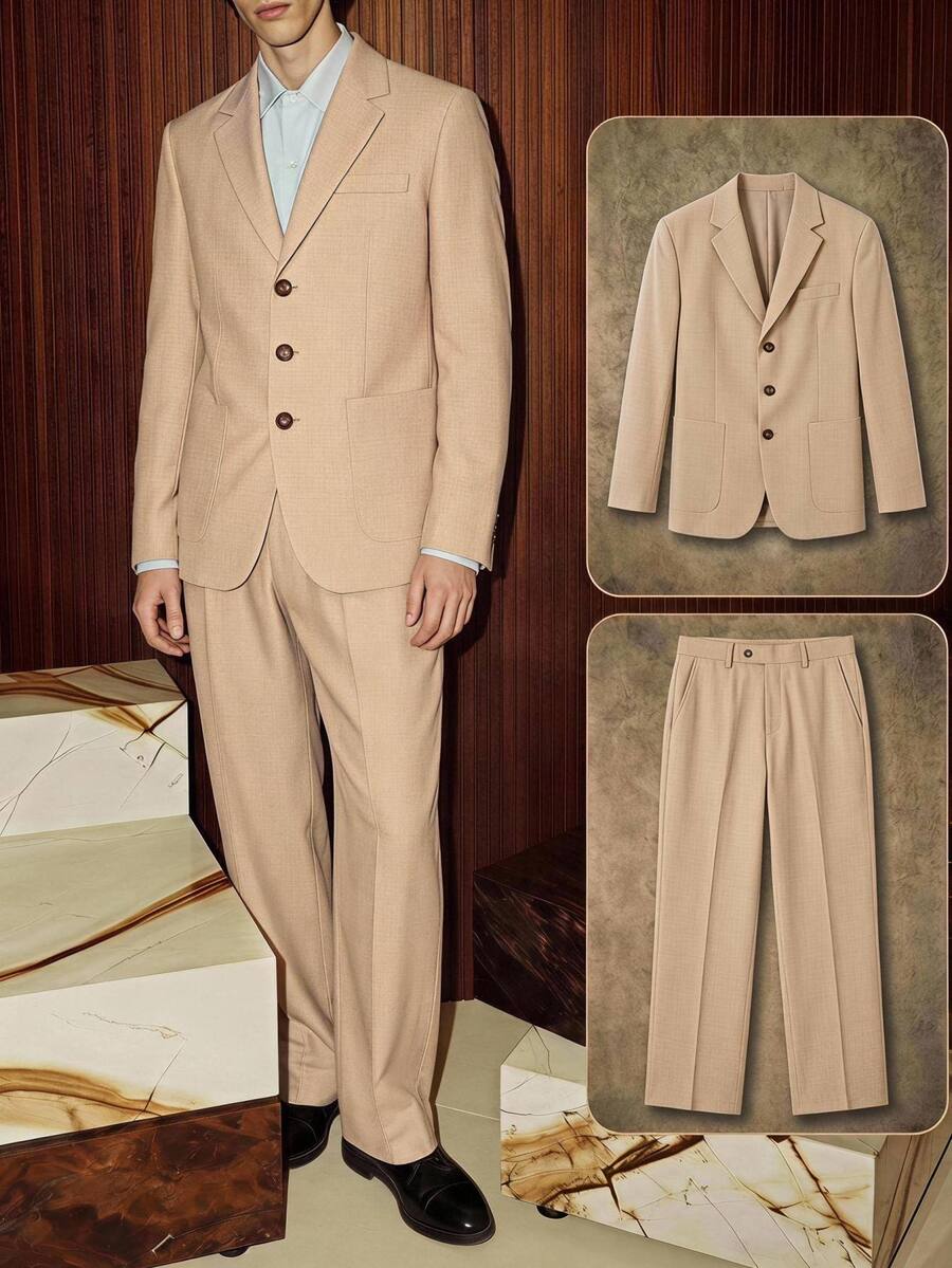 HIMLAND Men's Solid Beige Two Pieces Suit (Single-Breasted Blazer And Straight-Leg Trousers) Relaxed Fit Halloween Winter Party Autumn - Beige - View 1