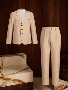 HIMLAND Men's Solid Beige Two Pieces Suit (Single-Breasted Blazer And Straight-Leg Trousers) Relaxed Fit Halloween Winter Party Autumn - Beige - View 2