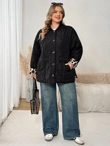 SHEIN CURVE+ Jaket Tebal Berlapis Ukuran Besar dengan Kantong Motif Leopard Lengan Panjang Hitam Musim Dingin - Hitam - View 6