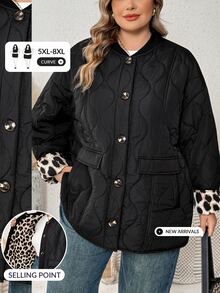 SHEIN CURVE+ Jaket Tebal Berlapis Ukuran Besar dengan Kantong Motif Leopard Lengan Panjang Hitam Musim Dingin - Hitam - View 8