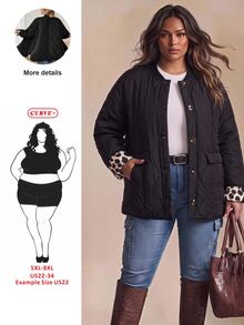 SHEIN CURVE+ Jaket Tebal Berlapis Ukuran Besar dengan Kantong Motif Leopard Lengan Panjang Hitam Musim Dingin - Hitam - View 1