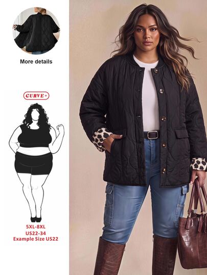 SHEIN CURVE+ Plus Size Thick Quilted Jacket With Pockets Leopard Print Long Sleeve Black Winter