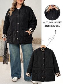 SHEIN CURVE+ Jaket Tebal Berlapis Ukuran Besar dengan Kantong Motif Leopard Lengan Panjang Hitam Musim Dingin - Hitam - View 10