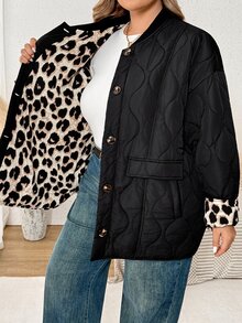 SHEIN CURVE+ Jaket Tebal Berlapis Ukuran Besar dengan Kantong Motif Leopard Lengan Panjang Hitam Musim Dingin - Hitam - View 11