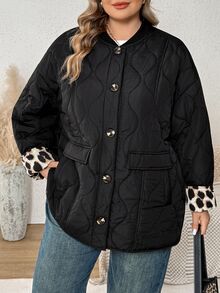 SHEIN CURVE+ Jaket Tebal Berlapis Ukuran Besar dengan Kantong Motif Leopard Lengan Panjang Hitam Musim Dingin - Hitam - View 7