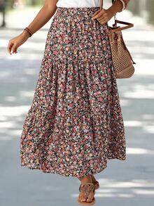 EMERY ROSE 女款拼接花卉印花長版中長裙 夏季野餐度假黑色休閒 - 彩色 - 查看 6