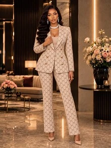 SHEIN Lady Women's All-Over Print Long Sleeve Jacket And Pants Casual 2 Pieces Set - Multicolor - View 4