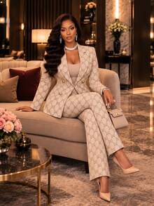 SHEIN Lady Women's All-Over Print Long Sleeve Jacket And Pants Casual 2 Pieces Set - Multicolor - View 1