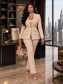 SHEIN Lady Women's All-Over Print Long Sleeve Jacket And Pants Casual 2 Pieces Set - Multicolor - View 3