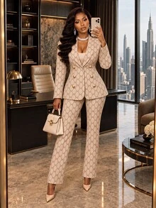 SHEIN Lady Women's All-Over Print Long Sleeve Jacket And Pants Casual 2 Pieces Set - Multicolor - View 6