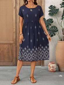 EMERY ROSE Women's Casual Geometric Print Mid-Length Dress Short Sleeve Summer Midi Women Vacation Boho Dresses Holiday Outfits For Beach Blue - Navy Blue - View 2