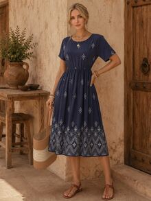 EMERY ROSE Women's Casual Geometric Print Mid-Length Dress Short Sleeve Summer Midi Women Vacation Boho Dresses Holiday Outfits For Beach Blue - Navy Blue - View 5