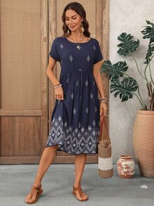 EMERY ROSE Women's Casual Geometric Print Mid-Length Dress Short Sleeve Summer Midi Women Vacation Boho Dresses Holiday Outfits For Beach Blue - Navy Blue - View 4