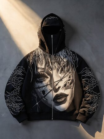 Street Life Sudadera con capucha de doble capa, ajuste holgado y cremallera con estampado de personajes para hombre